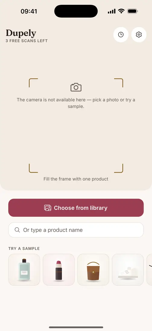 Dupely home screen: a guide frame for the camera, a Choose from library button, a field to type a product name instead, and a row of sample products to try.