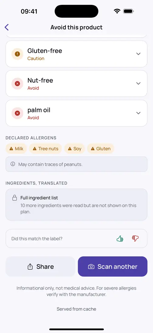 Bitewise result detail: Gluten-free marked Caution, Nut-free and palm oil marked Avoid, the declared allergens Milk, Tree nuts, Soy and Gluten as chips, and the label's own “may contain traces of peanuts” line quoted below them.