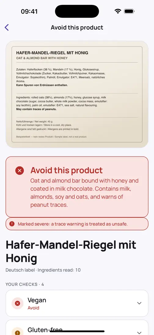 Bitewise result screen: a German oat and almond bar label read and judged, showing an Avoid verdict with the reason and the per-diet checks beneath it.